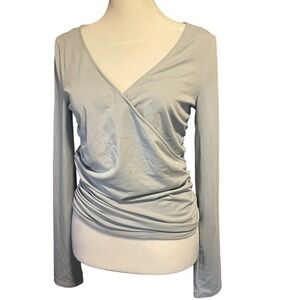 Guess Womens Ruched Wrap Long Sleeve Top M Light Blue Balletcore Chic Minimalist